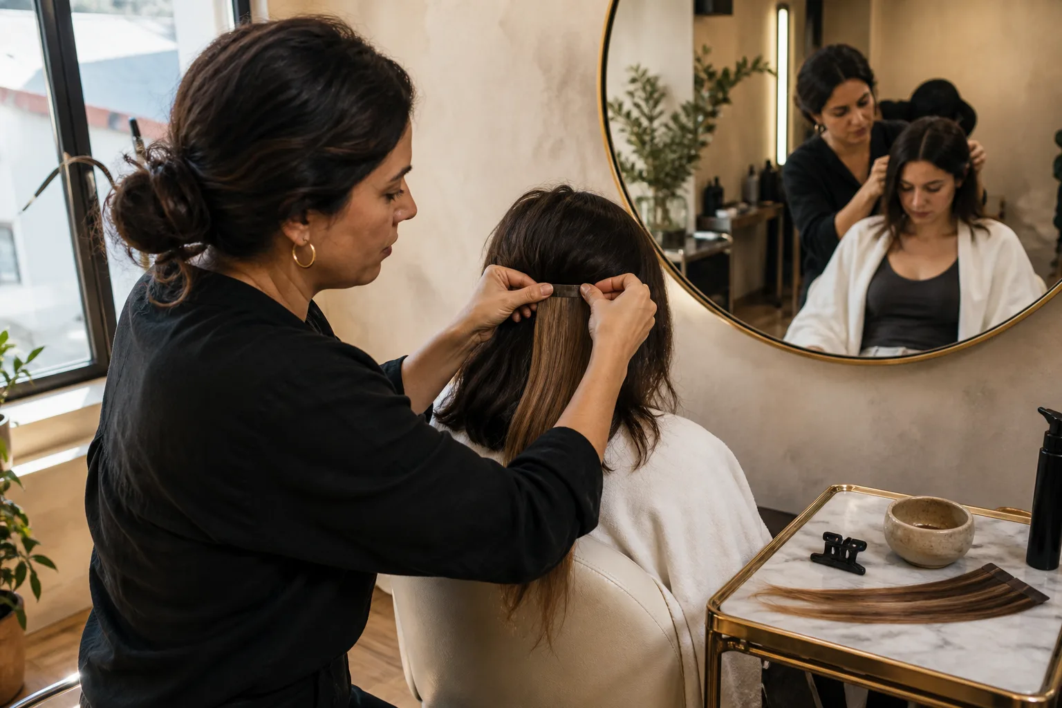 Professional tape-in hair extension application in Lisbon